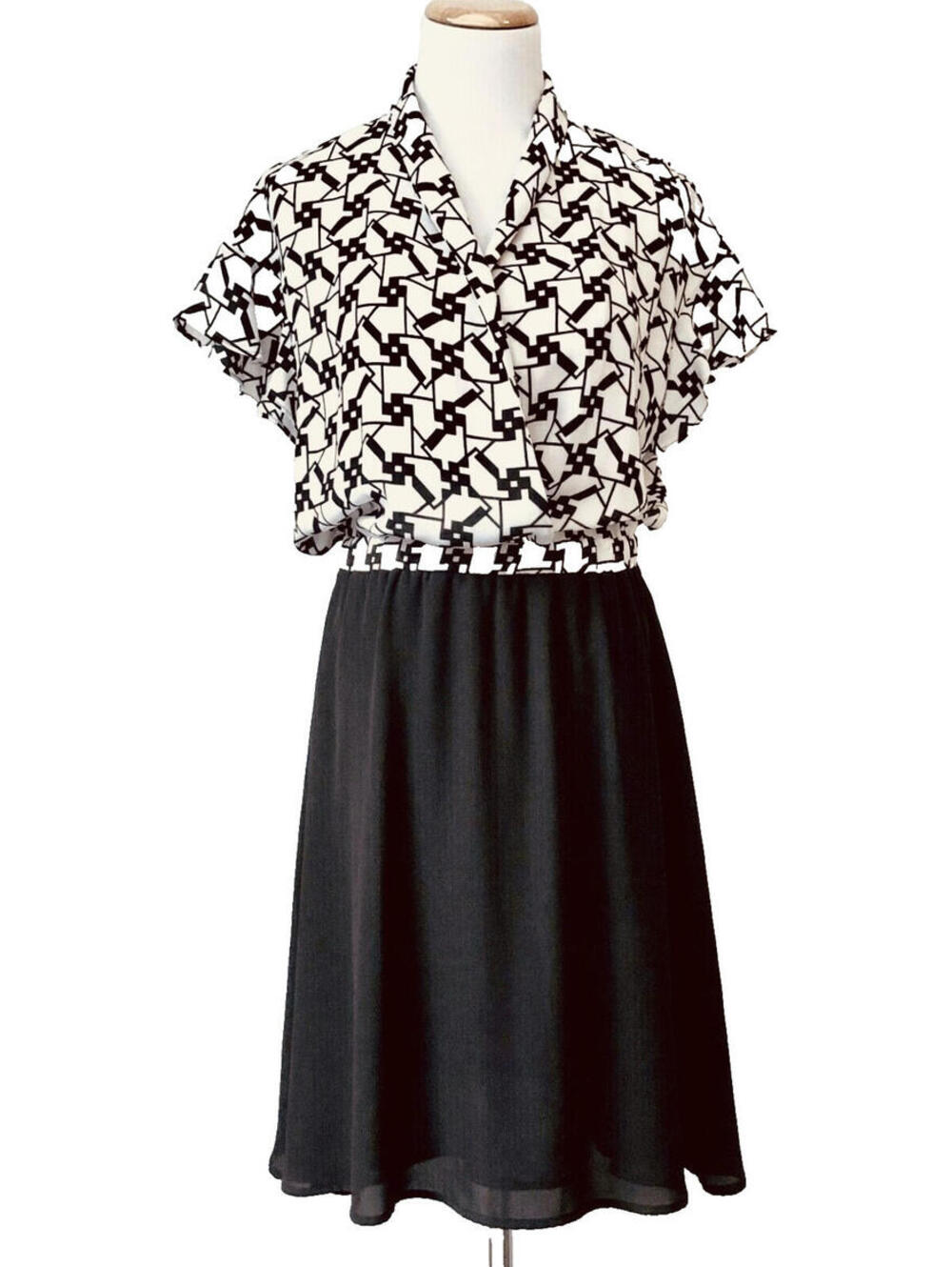 NEW 41 Hawthorn Black White Geometric V-Neck Jersey Knit Blouson Flutter Dress S